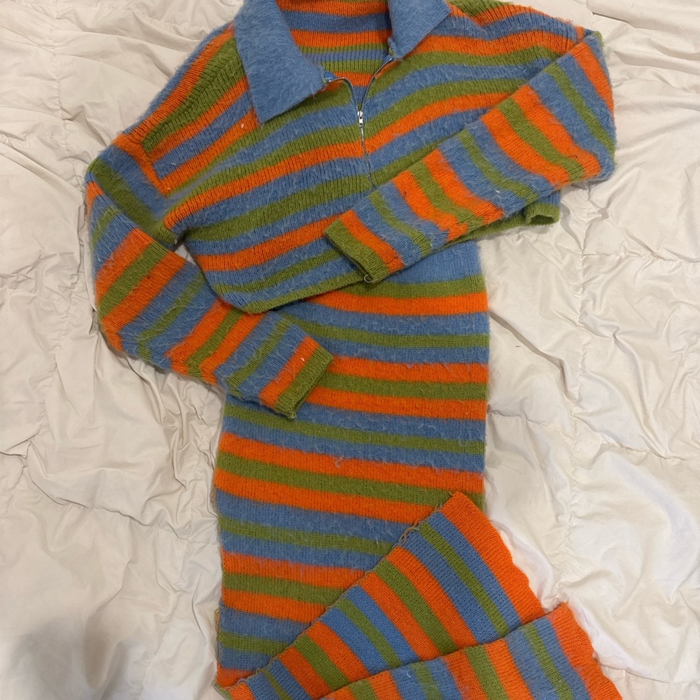 AKIRA Fuzzy Striped Knit Set Blue Orange Green Zip Sweater & Skirt